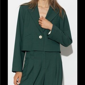 Ganni Forest Green Cropped Blazer Jacket and Pants suit